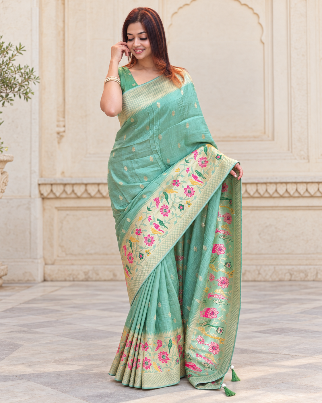 Mint green saree with gold and floral woven borders, worn in an ivory palace courtyard